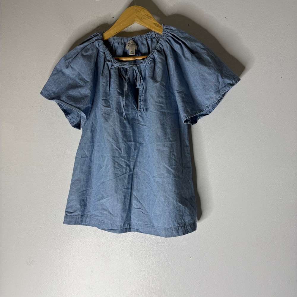 J Crew Short Sleeve Tie Neck Chambray Top XS